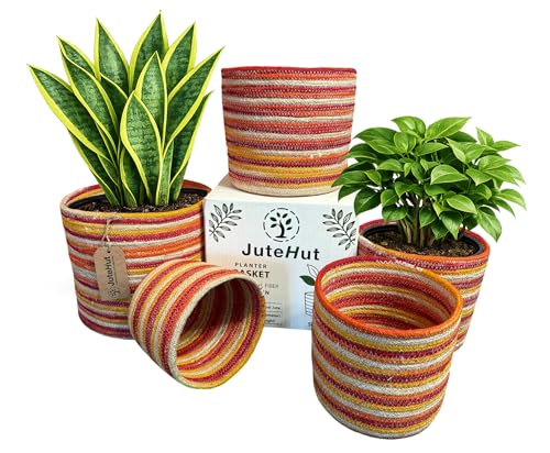 Planter Basket Set – 5-Piece Handwoven Jute Planter Basket for Home Decor, Nursery, or Indoor Plants (5'' to 8'' Diameter, 4.75'' to 7.75'' Height) – Fold & Wrinkle Free - Orange Sunset Stripe - color: Orange Sunset Stripe
