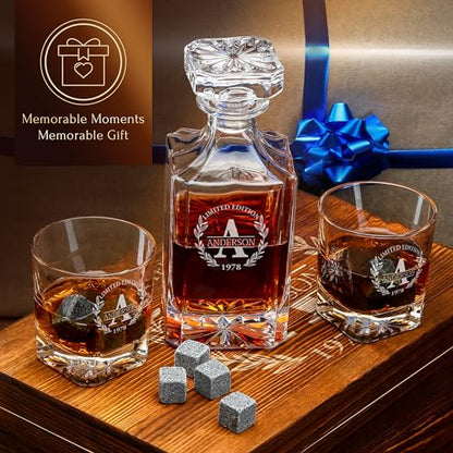 Personalized Old Fashioned Whiskey Decanter and Stones Set | Customized Gift for Him - Men, Dad, Father - Engraved Decanter, Glasses, 9 Granite Stones, Coasters, Tongs, Gift Wooden Box