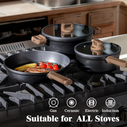 SENSARTE 20Pcs Nonstick Pots and Pans Set, Black Titanium Cookware Set | Healthy Kitchen Cooking Set, Induction Compatible, Dishwasher Safe, PFOA/PFOS Free - color: Midnight Black