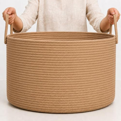 OrganiHaus Round Toy Basket & Blanket Basket, Cotton Rope 20x13" | Full Honey - Round Cotton Rope Basket, 20x13" - color: Full Honey, size: Wide