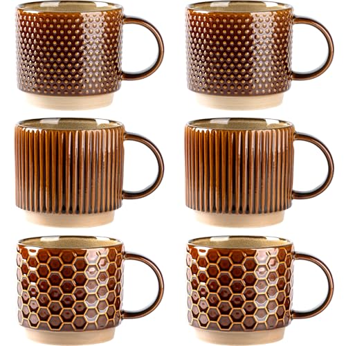 GBhome 12 OZ Stackable Coffee Mugs Set of 6, Ceramic Coffee Cups Set | 3 Assorted Designs, Embossed Mugs with Texture Patterns for Tea/Coffee, Dishwasher&Microwave Safe, Caramel - color: Caramel, size: 12 Ounce(6PCS)