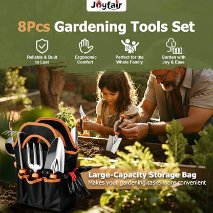 Joyfair Gardening Tools, 8 Pcs Stainless Steel Heavy Duty Garden Tool Set | 1.35MM Thickness, Rust-Proof & Easy Clean, Less Prone to Breakage, Ergonomic Contoured Grip, Suitable for Garden Weeding Work
