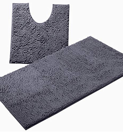 Bathroom Rugs Sets 2 Piece, Luxury Chenille Bath Mat Set, Soft Plush Anti-Slip Bath Rug + U-Shaped Toilet Mat. Microfiber Shaggy Carpet, Super Absorbent (24” x 36” & 20” x 24” U, Dark Grey) - color: Grey, size: 2 Piece Set - Large