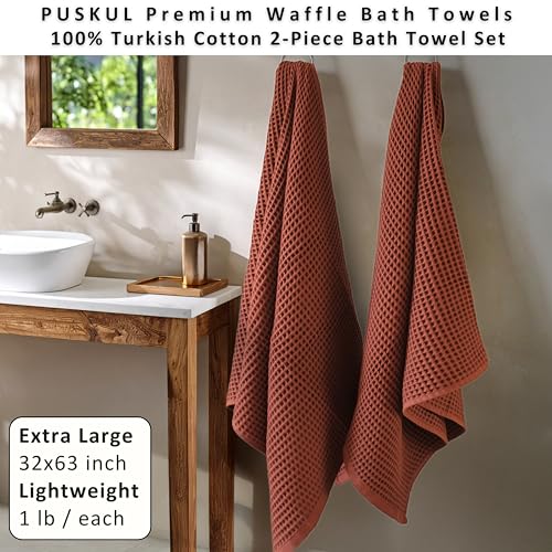 PÜSKÜL 2-Piece Natural 100% Turkish Cotton Waffle Bath Towels Extra-Large | Brick-Red, 32x63" Bath Sheet Towel, Light Soft Absorbent Quick-Dry Lint-Free Premium Honeycomb Weave Oeko-Tex Made in Turkiye - color: Brick