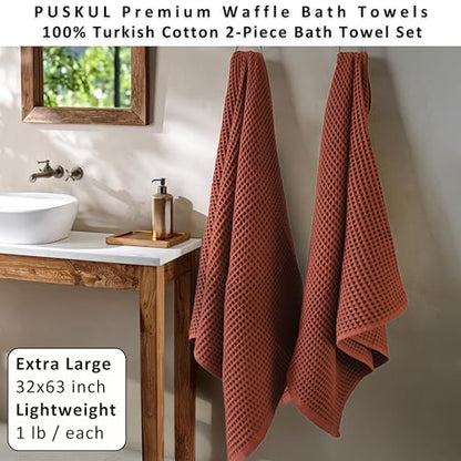 PÜSKÜL 2-Piece Natural 100% Turkish Cotton Waffle Bath Towels Extra-Large | Brick-Red, 32x63" Bath Sheet Towel, Light Soft Absorbent Quick-Dry Lint-Free Premium Honeycomb Weave Oeko-Tex Made in Turkiye - color: Brick