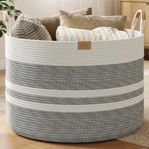 Nunsino 115L Woven Blanket Basket with Leather Handles, Cotton Rope Laundry Basket Hamper,Decorative Nursery Basket Toy Storage Basket for Kids, Living Room, Bedroom,Gray White Stripes - color: Grey White, size: 115L