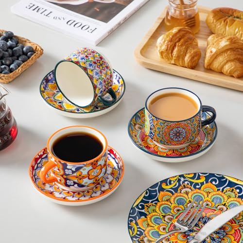 vancasso 8 Oz Espresso Cup Set of 4, Bohemian Ceramic with Stand | Microwave and Dishwasher Safe, Easy Clean, For Cappuccino, Tea, Latte, Espresso, Stackable Design with Handle - size: 8 Oz