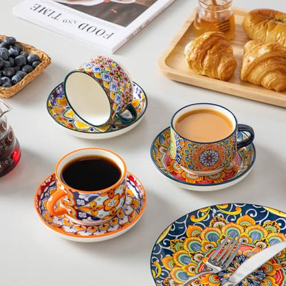 vancasso 8 Oz Espresso Cup Set of 4, Bohemian Ceramic with Stand | Microwave and Dishwasher Safe, Easy Clean, For Cappuccino, Tea, Latte, Espresso, Stackable Design with Handle - size: 8 Oz