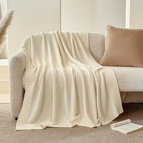 Simple&Opulence 100% Cotton Blanket King Size, Solid Color Cable Knitted Blanket Super Soft Comfortable Breathable Decorative Farmhouse for Couch Sofa Bed, All Season Use(White,104x90) - color: White, size: King Size 104x90"