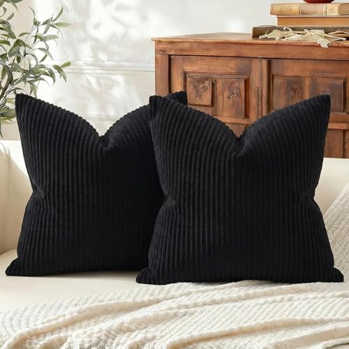 Mecatny Corduroy Decorative Throw Pillow Covers 24x24 Set of 2 Black | Soft Striped Texture, Hidden Zipper Design, Neutral Boho Square Pillow Cases for Sofa Couch Living Room Bedroom, Home Décor - color: Black, size: 24" x 24" (Pack of 2)