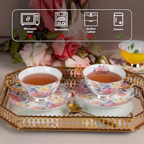 KAMMAK Tea Cups and Saucers Set of 2, Porcelain Coffee Cups, JBE018 | Stackable Espresso Mugs, Ceramic Demitasse for Coffee, Cappuccino, Latte, Americano, Tea - size: 8CZJBE018