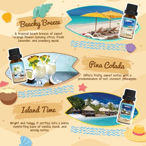 ARVIDSSON Beach Fragrance Oils Set, Summer Essential Oils for Diffuser - Beachy Breeze, Ocean Air, Pina Colada, Pink Sand, Sea Salt, Island Time, Tropical Scented Oil for Home, Candle Making - color: Dark Blue