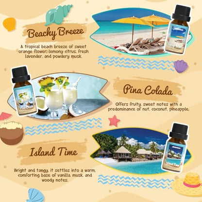 ARVIDSSON Beach Fragrance Oils Set, Summer Essential Oils for Diffuser - Beachy Breeze, Ocean Air, Pina Colada, Pink Sand, Sea Salt, Island Time, Tropical Scented Oil for Home, Candle Making - color: Dark Blue