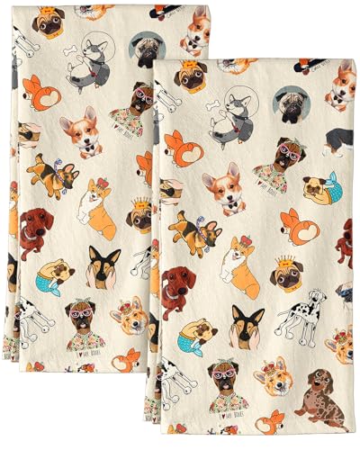 150GSM Flour Sack Kitchen Towels Set of 2, Dog Lovers | 18"x26", Lightweight, Lint-Free, Pure Cotton, Decorative, with Hanging Loop, Absorbent, Softer after Wash, Giftable Package - color: Dog Lovers