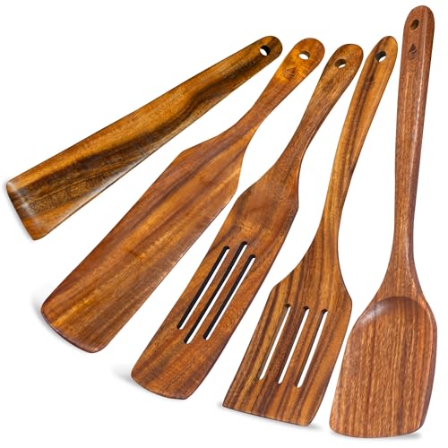 5 Pcs Teak Wooden Utensil Set, Wooden Spoons for Cooking | Non-Toxic & Nonstick Safe Kitchen Utensil, Durable Comfort Grip, Heat Resistant Wood Spatula Set - size: 5 Pieces Set