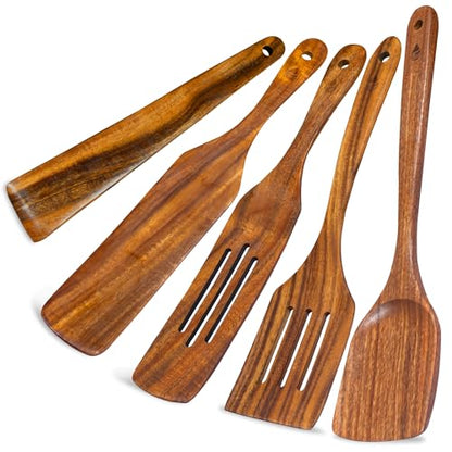 5 Pcs Teak Wooden Utensil Set, Wooden Spoons for Cooking | Non-Toxic & Nonstick Safe Kitchen Utensil, Durable Comfort Grip, Heat Resistant Wood Spatula Set - size: 5 Pieces Set