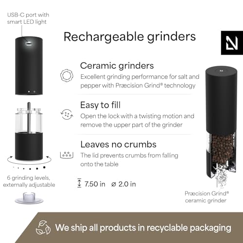 LARS NYSØM Electric Salt and Pepper Grinder Set I Automatic Salt and Pepper Mills with Adjustable Ceramic Grinder I USB Rechargeable Electric Spice Mill Set with LED Light (Carbon Black) - color: Carbon Black, size: Set of two electric mills