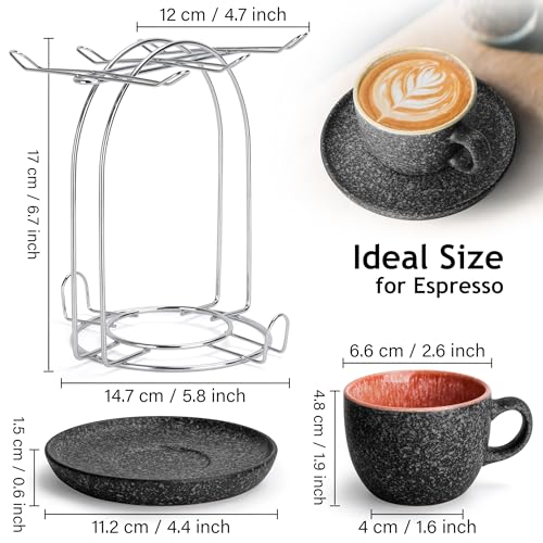 MIAMIO – 2.7 Oz Ceramic Stackable Espresso Cups with Saucers and Metal Stand, Set of 6 Espresso Cup, Demitasse Cups, Coffee Mugs for Espresso, Latte, Café Mocha & Tea – Las Palmitas Collection | With saucers, made of ceramic, dishwasher-safe, microwave-sa