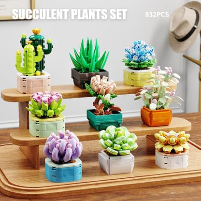 TYCOLE 9 in 1 Tiny Flowers Succulents Artificial Plant Set-Creative Botanical Building Block Toy, Botanical Collection for Office&Home Decor, Birthday Gift for Adults and Kids 8-12(832 PCS)