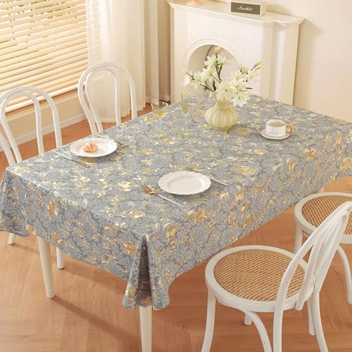 Rectangle PVC Table Cloth Elegant Gold Vine Flower Waterproof Oil-Proof Heavy Duty Vinyl Fitted Tablecloths Wipeable Washable Stain-Resistant Table Cover Dining Christmas Party (Lake Blue,54" X 78") - color: Lake Blue