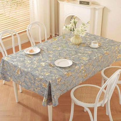 Rectangle PVC Table Cloth Elegant Gold Vine Flower Waterproof Oil-Proof Heavy Duty Vinyl Fitted Tablecloths Wipeable Washable Stain-Resistant Table Cover Dining Christmas Party (Lake Blue,54" X 78") - color: Lake Blue