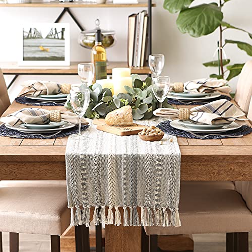 DII Farmhouse Braided Stripe Table Runner Collection, 15x72 (15x77, Fringe Included), Cool Gray
