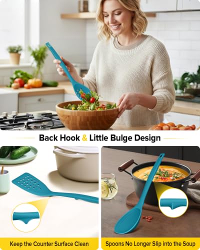 Pack of 4 Silicone Cooking Utensils Set, Non Stick Solid Spatulas and Heat Resistant Slotted Spoons with Back Hooks, Ideal BPA Free Kitchen Utensils Set for Frying,Serving,Turning,Stirring (BLUE) - color: Blue