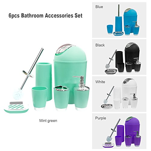 Bathroom Accessories Set, 6-Piece Plastic Gift Set, Toothbrush Holder, Toothbrush Cup, Soap Dispenser, Soap Dish, Toilet Brush Holder, Trash Can (Mint Green) - color: Mint Green