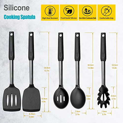Silicone Spatula and Cooking Spoon,5 Pack Non-Stick Cooking Utensils for Kitchen，Heat Resistant Solid & Slotted Spoons and Spatulas, Stainless Steel Handle Coated with Silicone,Black - color: Black