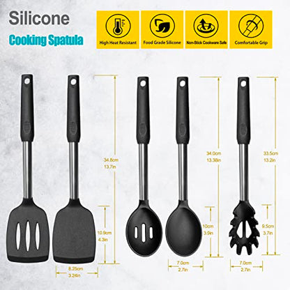 Silicone Spatula and Cooking Spoon,5 Pack Non-Stick Cooking Utensils for Kitchen，Heat Resistant Solid & Slotted Spoons and Spatulas, Stainless Steel Handle Coated with Silicone,Black - color: Black