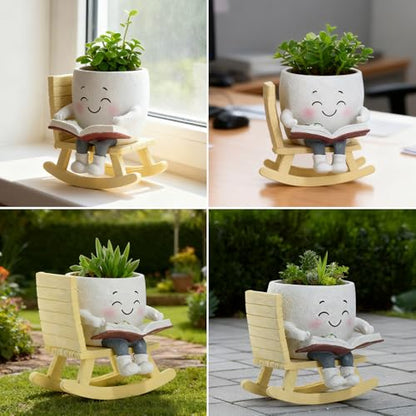 Smiley Face Planter Pot, Cute Resin Head Planter with Drainage Hole, Unique Rocking Chair Succulent Pot for Indoor Outdoor Plants, Funny Plant Lovers Gift for Mother's Day and Christmas (Side-Sitting) - size: 5.91x5.71x5.71"