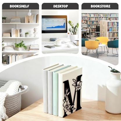 5.3"x4.3"x7.1" Metal Bookends, Heavy Duty Book Ends for Shelves | Letter M with Flowers Theme Cast Iron Book Supports, 1 Pair Decor Stoppers for Desk, Library, Office & Home Shelves - style: Letter M with Flower