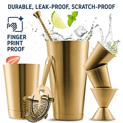 Bar Set Cocktail Shaker Set, Stainless Steel Mixology Bartender Kit, 16 Piece Cocktail Kit, Gold Cocktail Set, Bar Tools: 30oz Martini Shaker, Muddler, Bar Kit Cocktail Book, Jigger and Pourers - color: Gold, size: 16 Piece