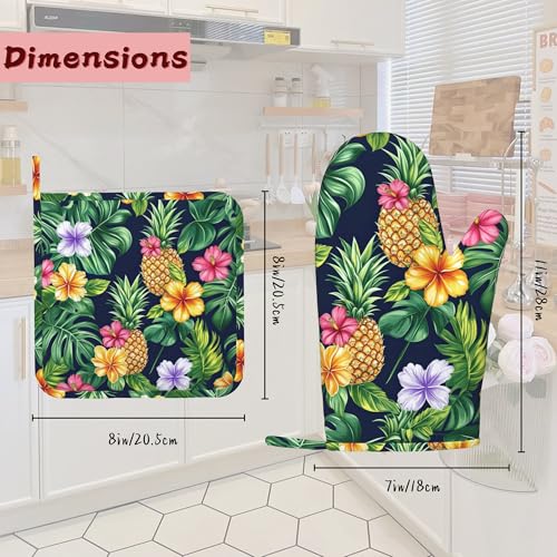Pineapple Heat-Resistant Silicone Oven Mitts and Pot Holders,Hawaiian Tropical Palm Leave Flower Long Oven Gloves with Non-Slip Grip for Cooking, Baking, Grilling,BBQ - color: Pineapple Hawaiian Tropical Palm Leave Flower