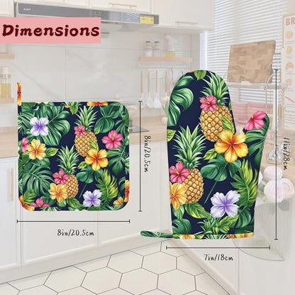 Pineapple Heat-Resistant Silicone Oven Mitts and Pot Holders,Hawaiian Tropical Palm Leave Flower Long Oven Gloves with Non-Slip Grip for Cooking, Baking, Grilling,BBQ - color: Pineapple Hawaiian Tropical Palm Leave Flower