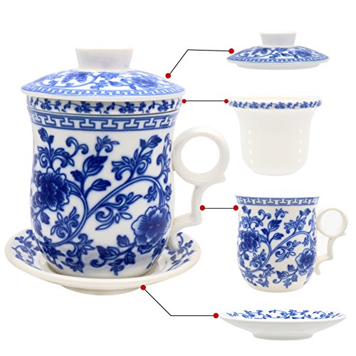 Porcelain Tea Cup with Infuser Lid and Saucer Sets - Chinese Jingdezhen Ceramics Coffee Mug Teacup Loose Leaf Tea Brewing System for Home Office - color: Wealth Blue and White