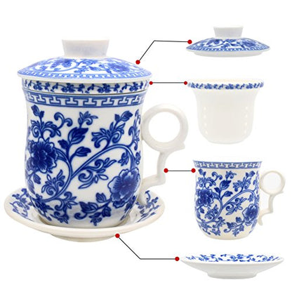 Porcelain Tea Cup with Infuser Lid and Saucer Sets - Chinese Jingdezhen Ceramics Coffee Mug Teacup Loose Leaf Tea Brewing System for Home Office - color: Wealth Blue and White