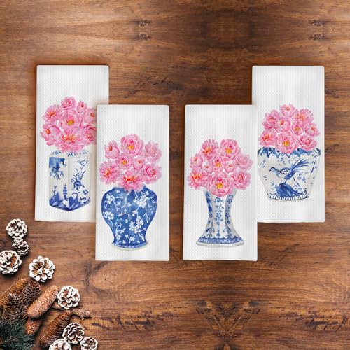 Chinoiserie Waffle Weave Kitchen Towels - Blue and White Decor Set of 4 (1624 Inches) - color: Chinoiserie-9