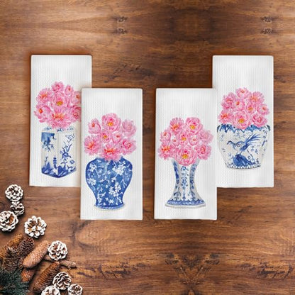 Chinoiserie Waffle Weave Kitchen Towels - Blue and White Decor Set of 4 (1624 Inches) - color: Chinoiserie-9