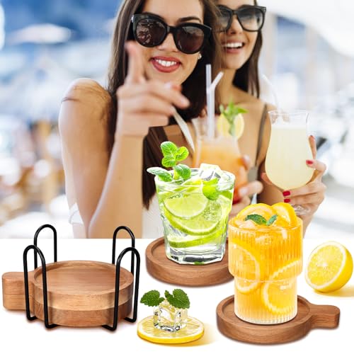 Best Wooden Handle Coasters Set of 4 with Holder Coffee Table Decor Acacia Wood Coaster for Living Room Modern Cup Coaster for Drink Home Kitchen Dining Accessories Bar Farmhouse Outdoor Decorative
