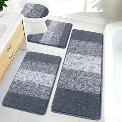 Bsmathom Bathroom Rug Set 4 Piece, Plush Microfiber Bath Mat, Dark Gray | Extra Water Absorbent, Non Slip Washable Runner Bath Rugs with Toilet Lid Cover and U-shaped Contour Toilet Mat - color: Dark Grey, size: 20"x31"+20"x59"+U20"x24"+Cover19"x21"
