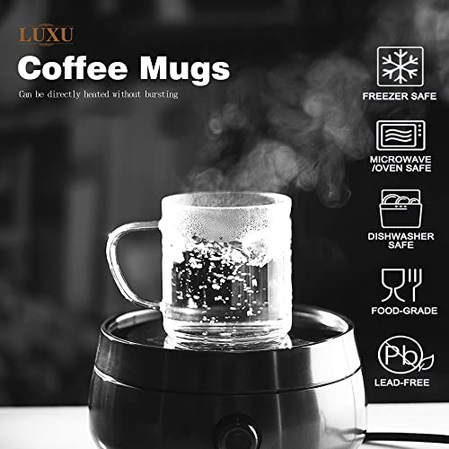 LUXU Glass Coffee Mugs, 14 oz Ice coffee cups,Clear Tea Cups Set of 4 | Heat Resistant and Explosion-Proof Glass Coffee Cups,Borosilicate Glass Mugs with Handles for Hot/Cold Beverages,Americano - style: 14 oz clear coffee mugs