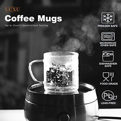 LUXU Glass Coffee Mugs, 14 oz Ice coffee cups,Clear Tea Cups Set of 4 | Heat Resistant and Explosion-Proof Glass Coffee Cups,Borosilicate Glass Mugs with Handles for Hot/Cold Beverages,Americano - style: 14 oz clear coffee mugs