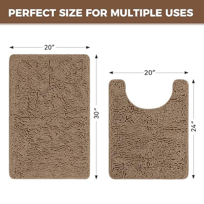 Bcoimo U Shaped Bath Rug Mat Set,2 Piece Chenille Latte Toilet Bathroom Rug | Extra Soft Bathroom mat set;Non Slip with Rubber Back Bath Mats;High Absorbent And Quick Dry Microfiber mat; Machine Washable - color: Latte, size: U24×20 Plus 30×20