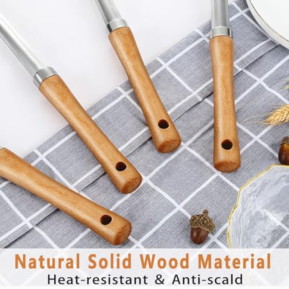 Pleafind 4-Pcs Cooking Utensils Set, Stainless Steel Kitchen Utensils with Wooden Handle, Kitchen Essentials Set Include Wok Ladle, Slotted Spoon, Wok Spatula and Slotted Spatula, Dishwasher Safe - color: 4P-Yellow