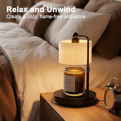 Candle Warmer lamp for 3 Wick Candles, Large Candle Warmer Lamp with Timer, Dimmable, Adjustable Height, Modern Farmhouse Linen Shade, Black Candle Warming Lamp, 2 Bulbs Included - color: Flaxen-Large