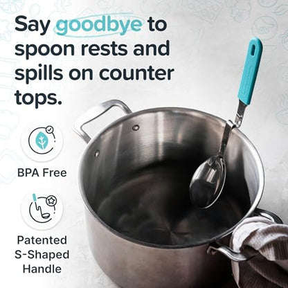 Souper Cubes Stainless Steel Spoon with Silicone Grip & Pot Hook, Aqua | Durable Cooking Spoon Hooks to Your Pot to Help Prevent Drips and Keep Counters and Stovetop Clean - color: Aqua, size: Spoon 1-Pack