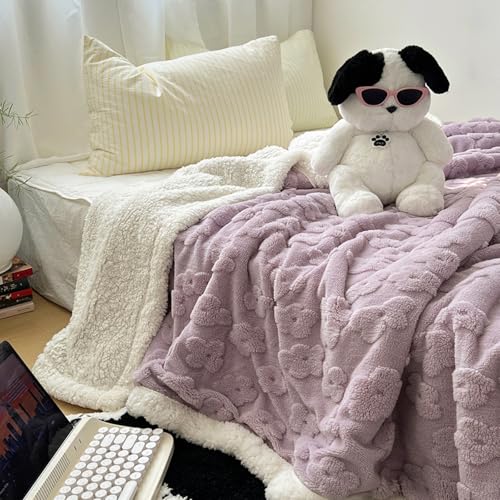 Purple Fleece Cloud Flower Blanket for Couch Sofa Bed, 60"x80" Flower Jacquard Decorative Throw Blankets, Soft Fuzzy Flannel Blanket Suitable for All Seasons - color: Flower Purple, size: 60"x80"