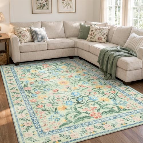 Wonnitar Machine Washable 5x7 Area Rug, Boho Floral Rugs for Living Room Non-Slip, Soft Pink and Green Flower Ultra-Thin Non Shedding Carpet for Bedroom Dining Room Nursery - color: Green, size: 5' x 7' (Rectangular)