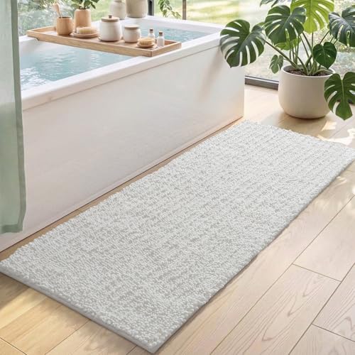 DEXI Bathroom Rugs 60x24, Super Soft Thick Chenille Absorbent Bath Mat, Non Slip Machine Washable Fluffy Shag Bathmat for Tub, Shower Floor, White - color: White, size: 60" X 24" (Rectangular)